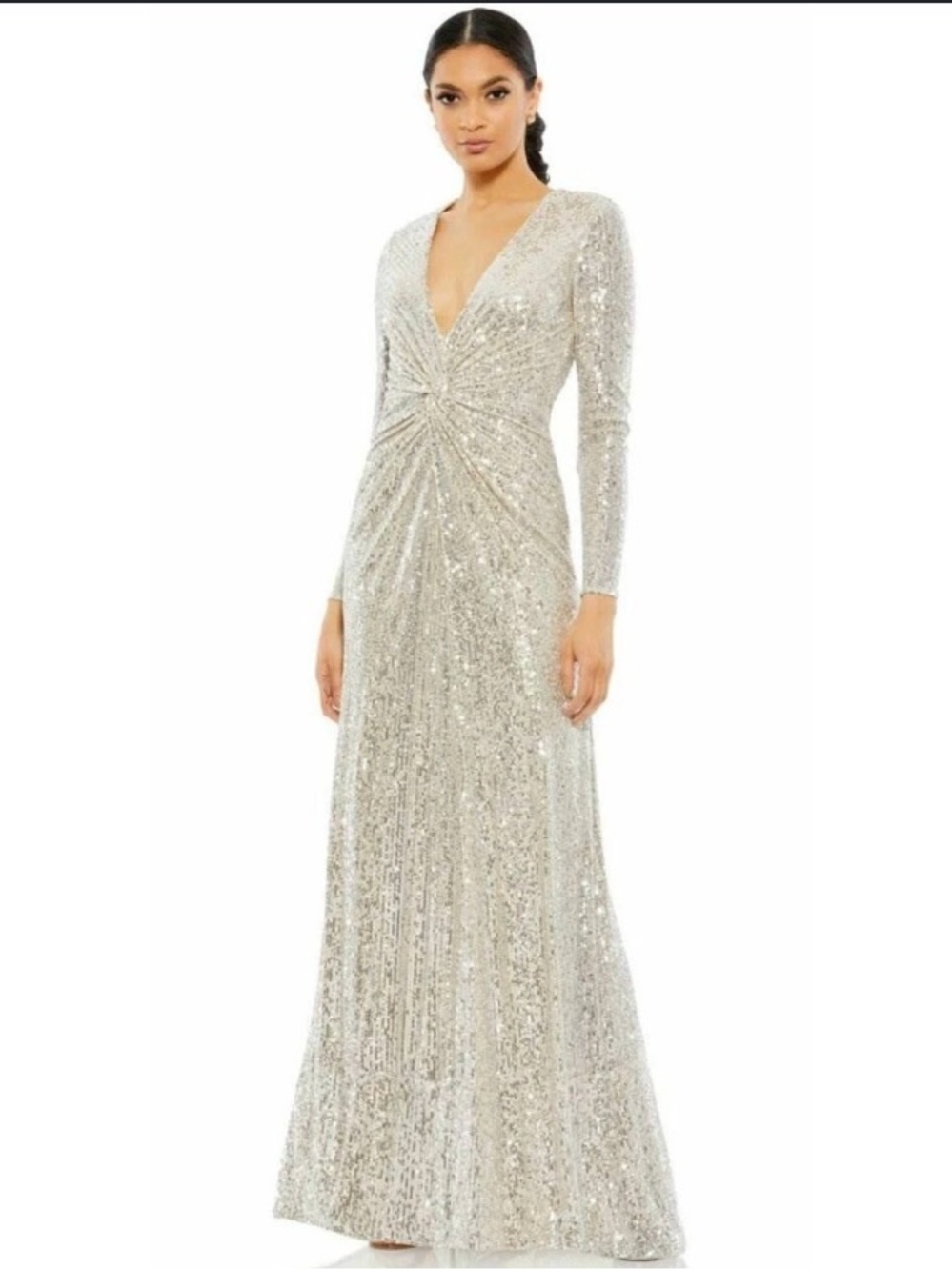 NWT Ieena for Mac Duggal Silver Sequin Twist Front Gown - Size 16